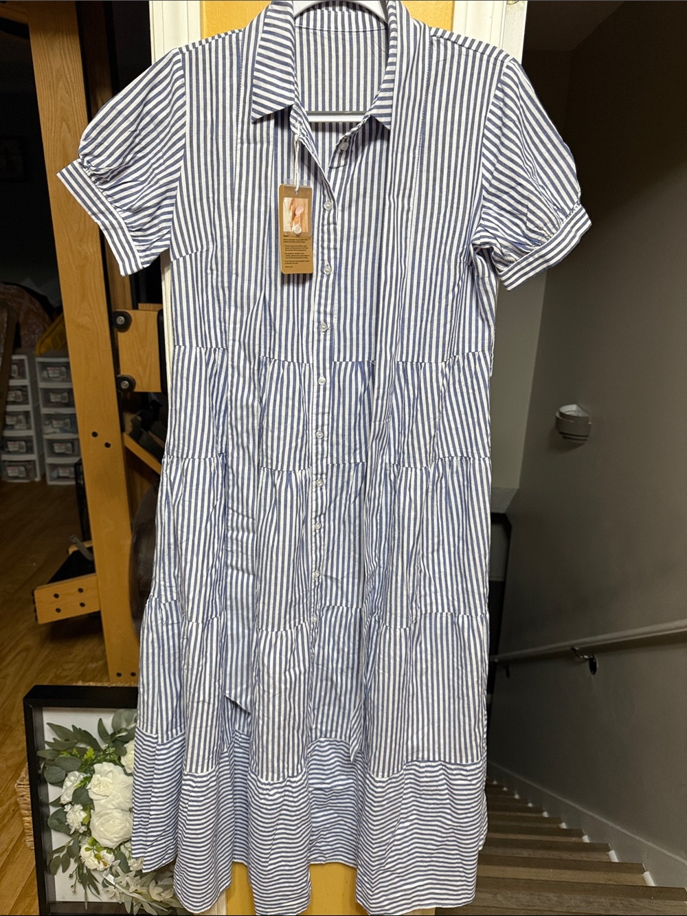 UTCoco Blue White Striped Tiered Shirt Dress Button Front Cotton Medium